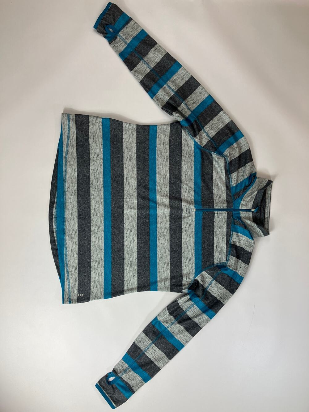 Lands' End Women XL Petite 18 Blue Gray Stripe Quarter Zip Pullover Thumbholes